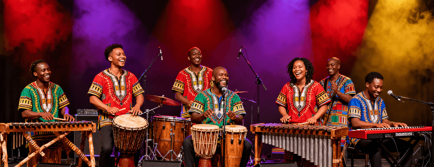 Músicos moçambicanos em palco com instrumentos tradicionais