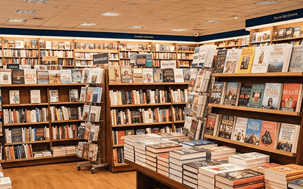 Interior de livraria com prateleiras de livros